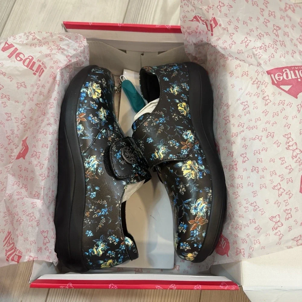 NEW Alegria Spright Passionate Floral Slip On Loafers Black Blue SPR-7533  38
